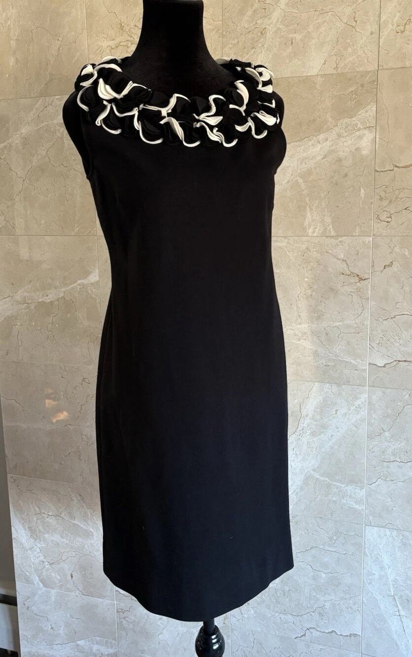 VTG Cache Cocktail Dress - 6 Black White Dramatic Ruffle Neck Wedding Guest